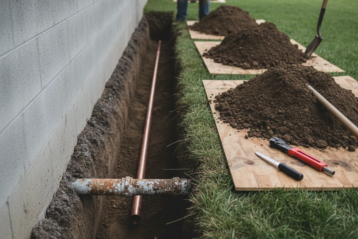 Excavated water line trench during Water Softener Installation in Fayette